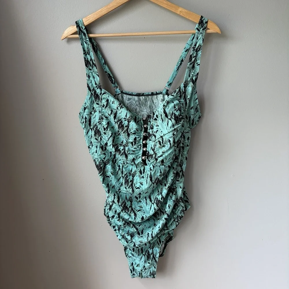 Vintage Ceeb Women's Swimsuit One Piece Aqua Abstract Pattern Size 20W